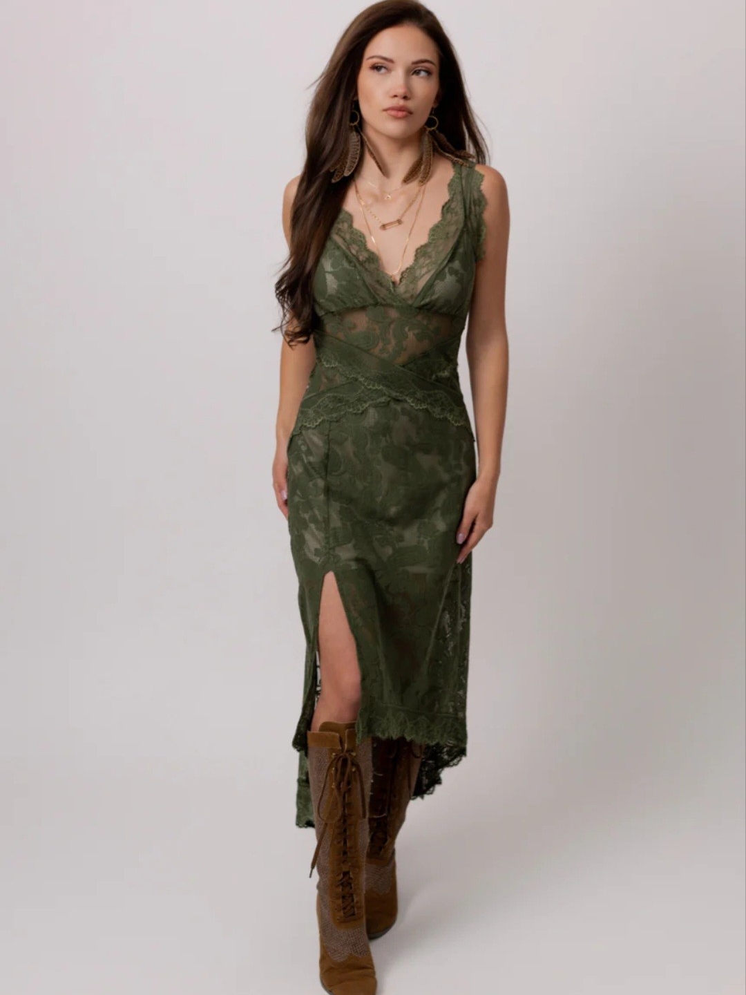 Joyfolie Olive Lace High-Low Midi Dress